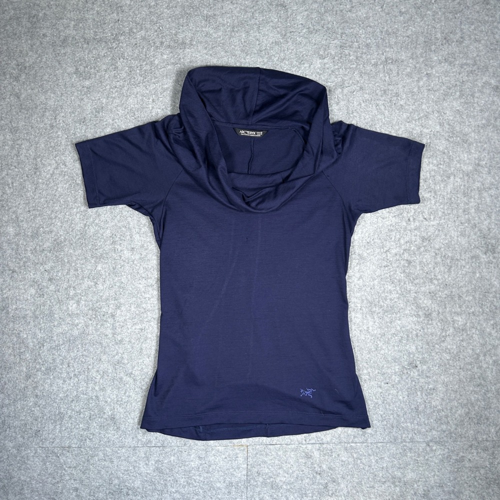 Arc'teryx Top‎ Women Medium Navy Blue Wool Blend Cowl Neck Short Sleeve Active